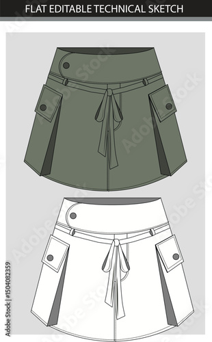 Flat Editable Technical Sketch of a Cargo Skirt