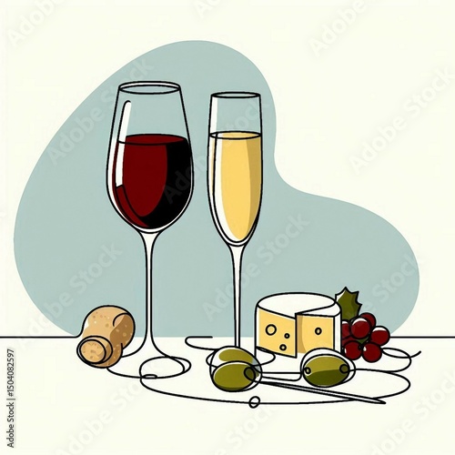Retro-style wine & cheese. retro-stylized cocktail spot illustration: wine & cheese.