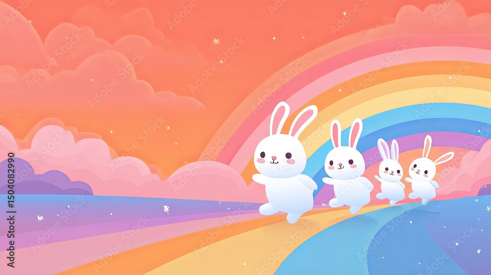 Obraz premium Whimsical Bunnies on Rainbow Sky