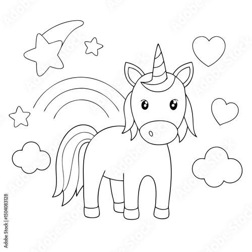 Outlined unicorn stands amidst stars, rainbow, clouds, and hearts, perfect for coloring pages