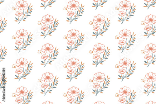 trendy floral fabric, seamless sketch print, table top pattern design, cotton flower line art, nature inspired texture

