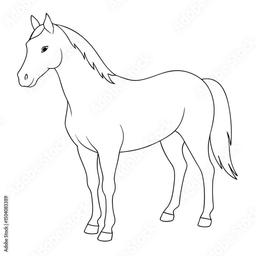 Simple line art shows a beautiful horse with a flowing mane standing calmly