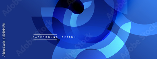 Abstract blue design features overlapping rounded shapes. Modern composition creates dynamic visual effect. Background includes text elements.