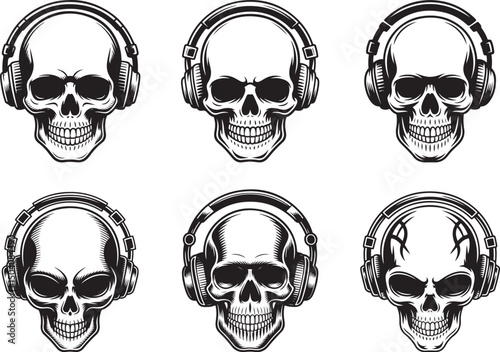 Tribal Skull silhouette set with Headphones – Music Lover Skeleton Vector Art | Stylized Skull With Headphones in Black and White Artistic Design