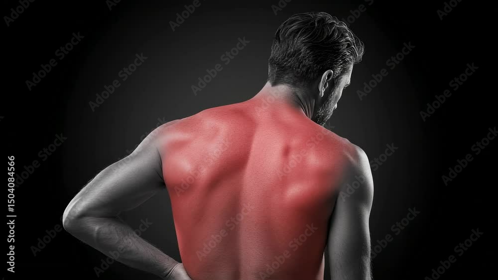 Monochrome close-up of a Caucasian man suffering from back pain, with painful and inflamed areas highlighted in red Monochrome close-up of a Caucasian man suffering from back pain, with painful and inflamed areas highlighted in red