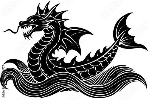 Majestic Sea Serpent Black and White Illustration, sea, serpent, mythical, creature, black, white, fantasy, art, mystical, powerful, mysterious, tattoo, legend, tail, teeth, majestic, strength, pictur