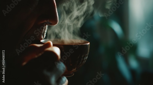 Close-up of a person savoring a hot drink, with steam swirling gently, evokes warmth and the comforting routine of a morning ritual.