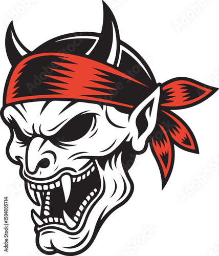Pirate Skull Vector – Vintage Buccaneer Head with Red Bandana Illustration | Bold and Striking silhouette of a Skull with a Red Bandana