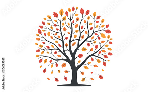 Autumn tree with falling leaves in warm orange and red colors