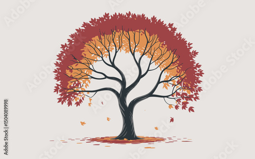 Autumnal tree illustration with red and orange leaves on neutral background