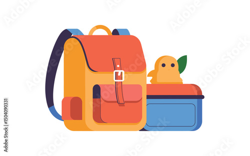 Colorful illustrated school backpack and lunchbox preparation for education