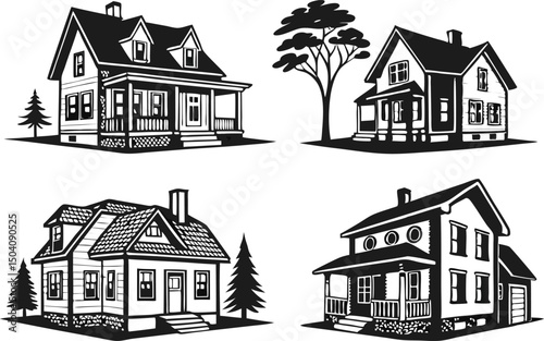 House Silhouette Icon Collection. Modern House Illustration Set. Black House Design Elements. Residential Building Graphic Set. Minimal House Outline Art
