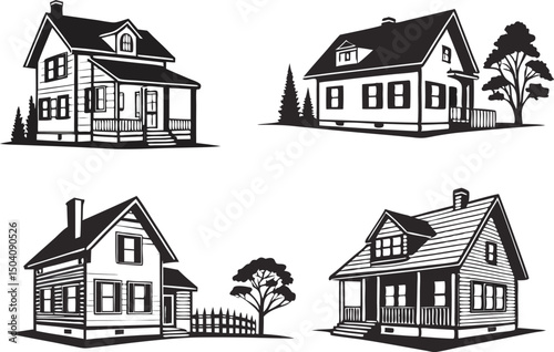 House Silhouette Icon Collection. Modern House Illustration Set. Black House Design Elements. Residential Building Graphic Set. Minimal House Outline Art