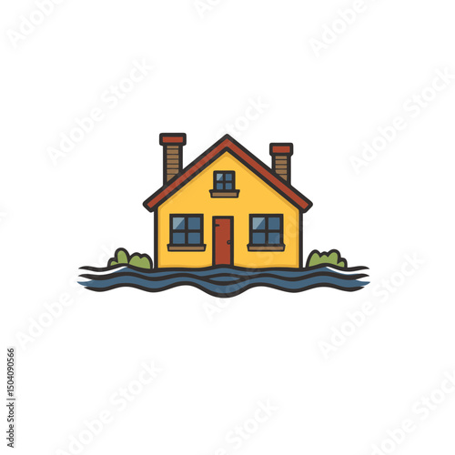 House surrounded by water in a cartoon vector style illustrating flood scenario with vibrant colors and clear outlines