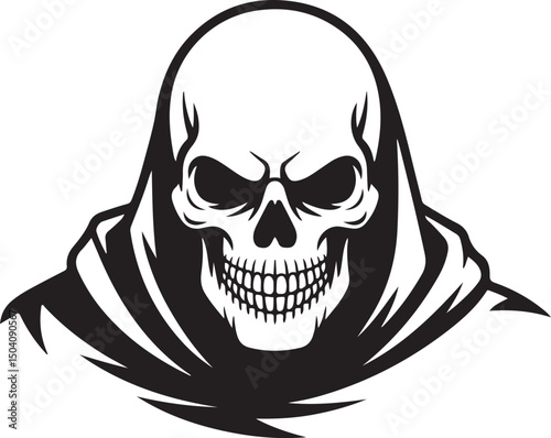 Grim Reaper Skull silhouette Vector – Hooded Death Head Tattoo Illustration | Dark Hooded Grim Reaper Skull Illustration with Sinister Expression