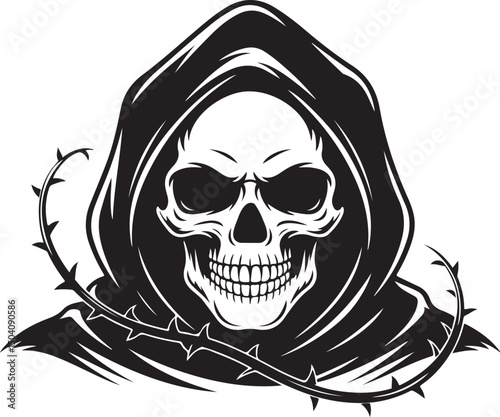Grim Reaper Skull silhouette Vector – Hooded Death Head Tattoo Illustration | Dark Hooded Grim Reaper Skull Illustration with Sinister Expression