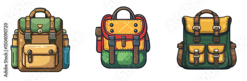 Colorful cartoon backpacks displayed in a flat layout showcasing different styles and designs