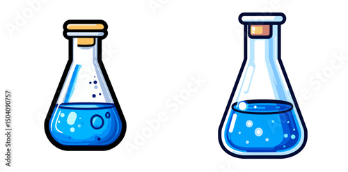 Colorful cartoon laboratory glassware with blue liquid in two different beakers on a white background