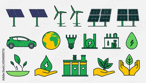 Collection of minimalistic green and yellow icons symbolizing eco-friendly resources and sustainability on a light background.