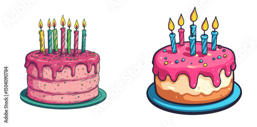 Colorful cartoon birthday cakes with candles and icing ready for celebration