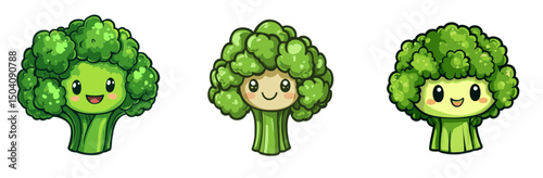 Cute cartoon broccoli characters having fun in a playful garden setting during a sunny day