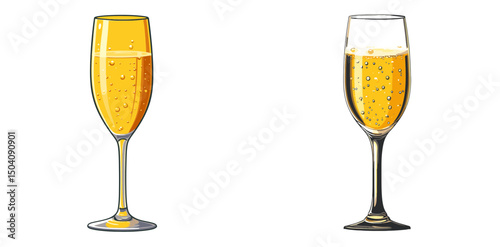 Stylish vector illustration of two champagne glasses with bubbly golden liquid and highlights in a minimalistic design