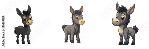 Cute cartoon donkeys in various poses reflecting playful character and charm in a colorful 2D vector style background