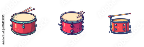 Colorful cartoon drums in a vector illustration showcasing various sizes and designs, perfect for music-related themes