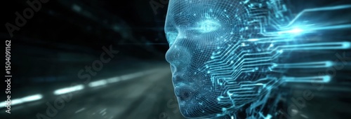 Futuristic Digital Human Face, Wireframe Mesh, Circuit Board Technology