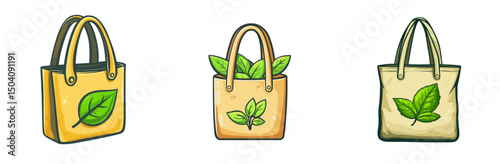 Colorful cartoon bags with leaf designs promoting eco-friendly shopping in a bright vector style