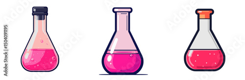 Collection of colorfully designed laboratory flasks showcasing different shades of pink liquid in a clean vector style