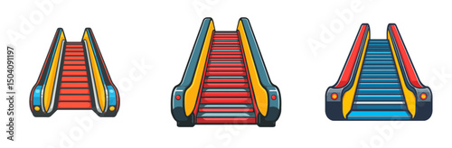 Colorful cartoon escalators appear in vibrant designs showcasing various styles and angles