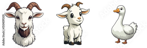Cute cartoon animals featuring a goat, kid, and goose in a playful farm setting in bright vector style