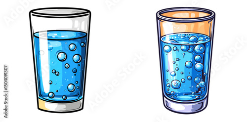 Cartoon illustration of two glasses filled with bubbly blue liquid on a clean white background