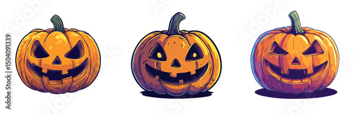 Three carved pumpkins with spooky expressions set against a plain background for Halloween decoration