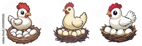 Cute cartoon chickens sitting in nests with eggs, illustrating a joyful farm life atmosphere