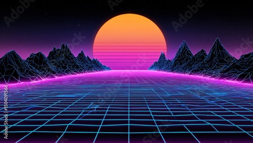 Retro Synthwave Landscape 80s Sunset over Wireframe Mountains and Grid