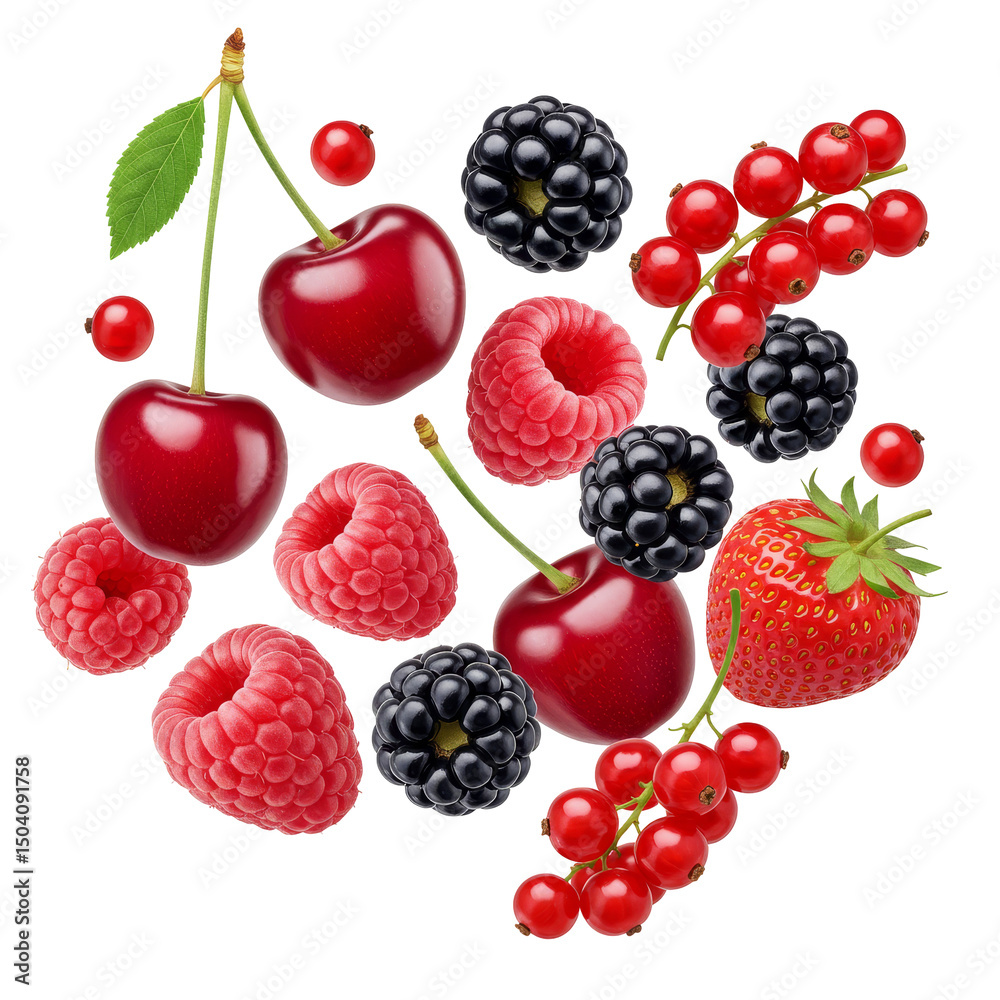 Falling Berries, Raspberry, strawberries, Millbury , Cherries isolated on transparent background, Falling Berries PNG 