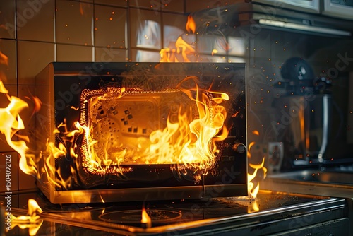 clear pixel visual of Microwave on fire indicating kitchen hazards.