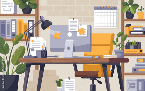 Cozy workspace illustration with computer desk and calendar in flat design