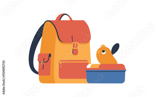 Cute backpack lunchbox and playful character illustration on white background
