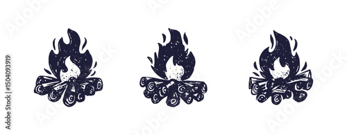 Hand Drawn Minimalist Vintage Campfire Icon, Holiday Summer Camp, Danger Flame Logo 