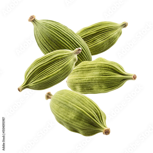 Wallpaper Mural A close up studio shot of five green cardamom pods arranged on a black background in a still life view Torontodigital.ca