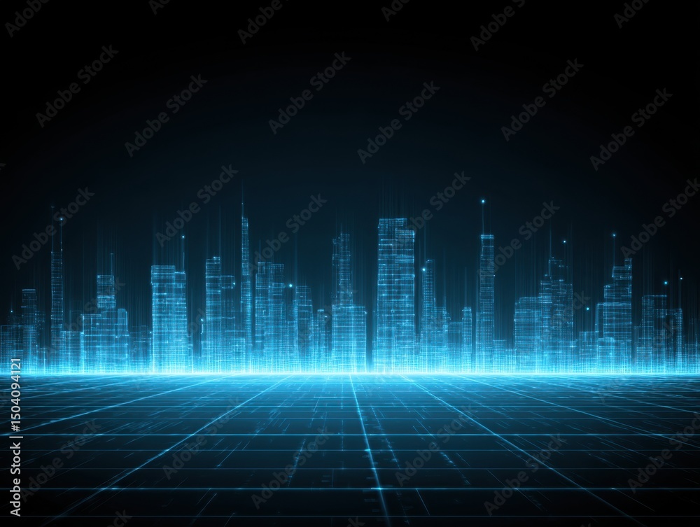 Fototapeta premium Futuristic Cityscape Digital Skyline, Glowing Blue Lines and Grid, Modern Technology Background