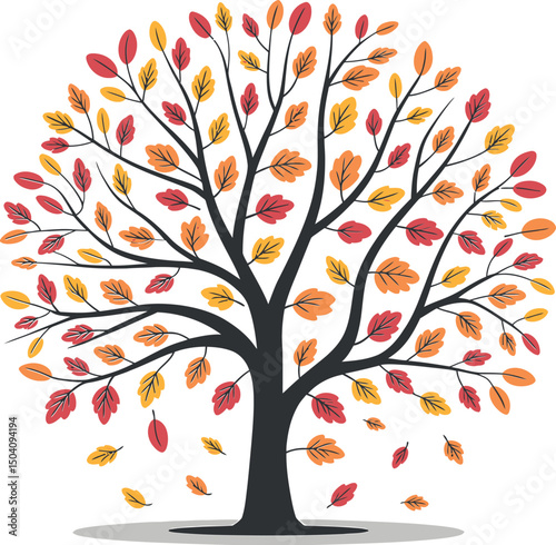 Flat illustration of an autumn tree with colorful falling leaves vector