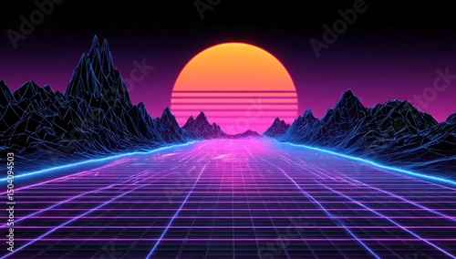 Retro Futuristic Synthwave Landscape 80s Sunset over Gridded Highway and Wireframe Mountains