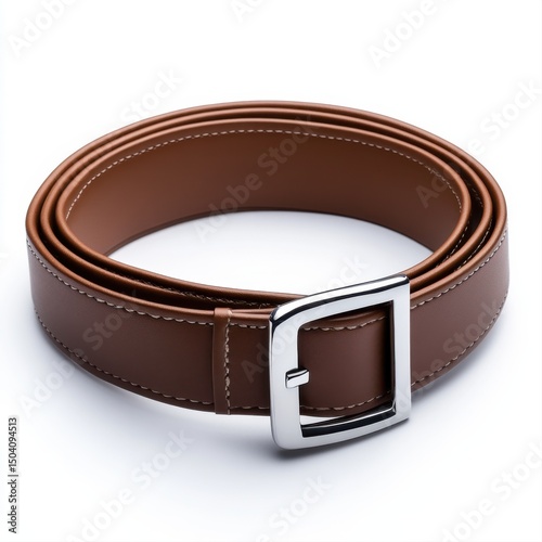 Stylish Brown Leather Belt with Silver Buckle on White Background