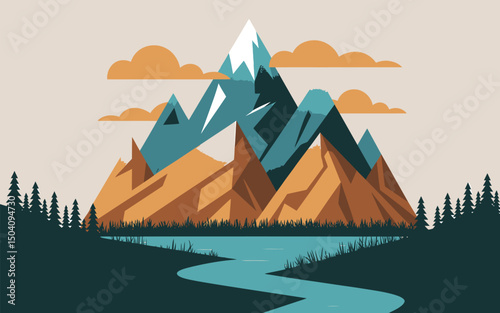 Geometric mountain landscape illustration with river trees and clouds in nature