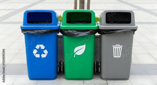 Three Public Recycling Bins in a City Square