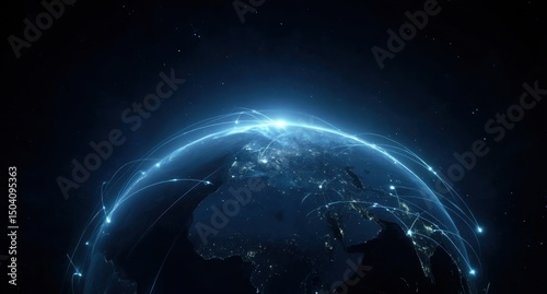 Global Network Connections Illuminated Earth with Bright Blue Lines Representing Data Transfer and Communication Across Continents